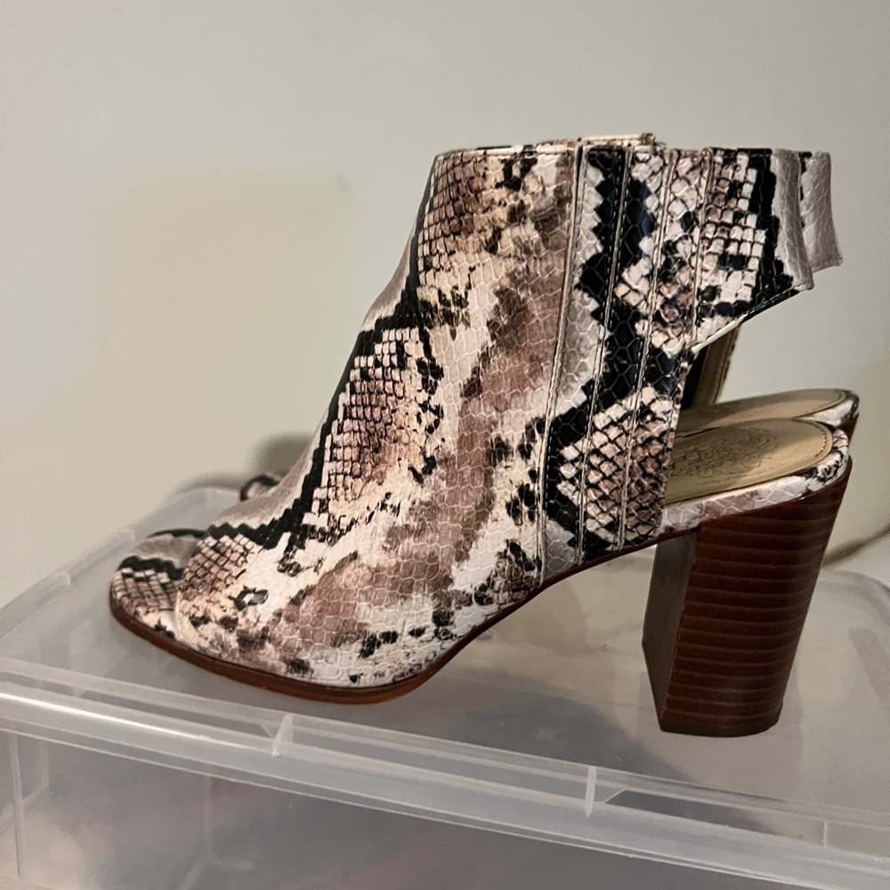 Vince Camuto Brown and Black Heeled Boots with Snakeskin Pattern and Chunky Heel